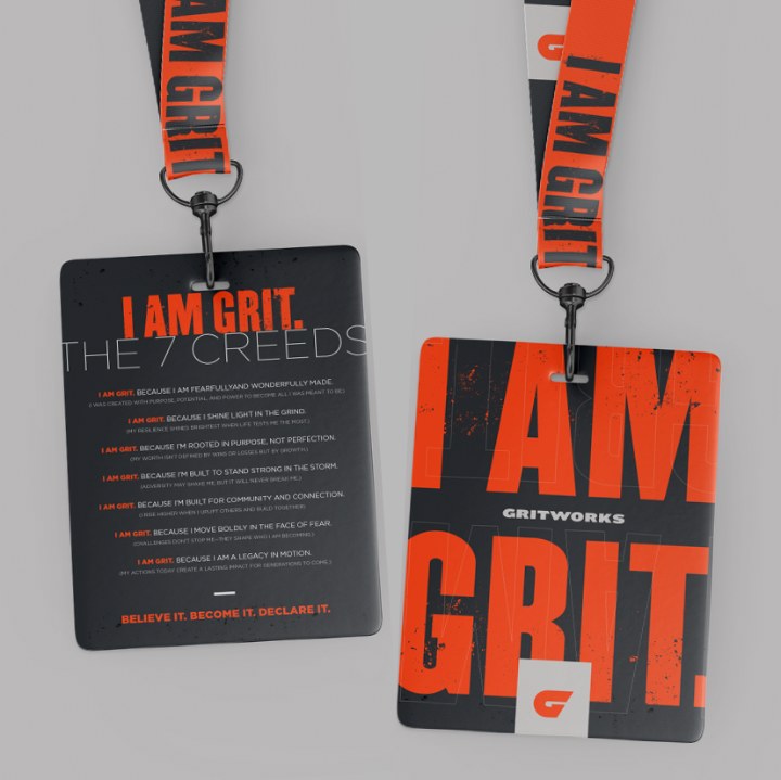 I AM GRIT lanyard and badge